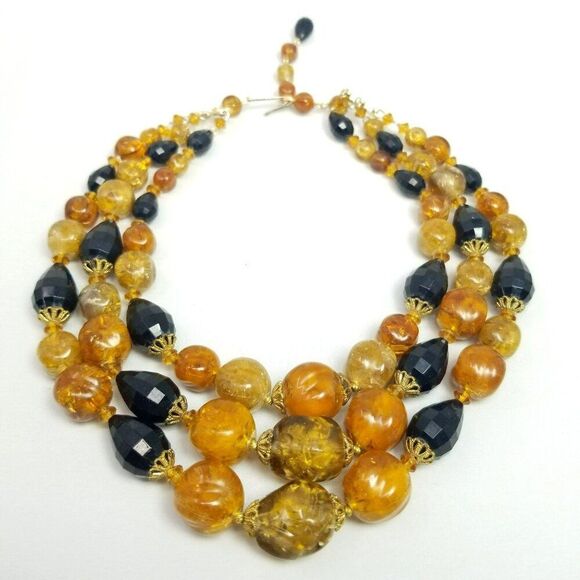Vintage Orange and Black Three Strand Beaded Necklace Adjustable Western Germany - Picture 1 of 7